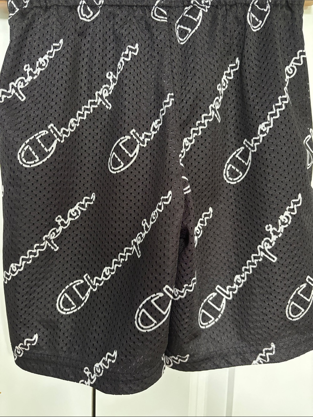 Champion Black Mesh Shorts with White Script Logos - Picture 2 of 2